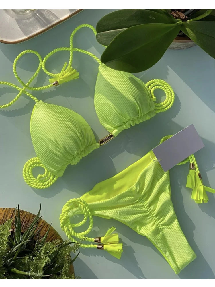 Women's backless rope triangle bikini swimsuit with string ties, stylish swimwear from The Clothing Company Sydney.