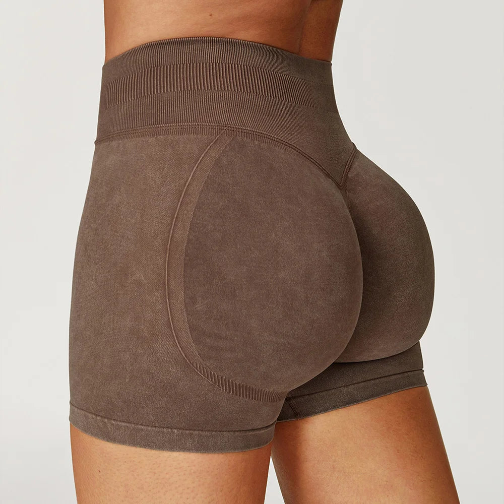 Sand washed high waist yoga bicycle shorts for women, fitness workout and running shorts by The Clothing Company Sydney.