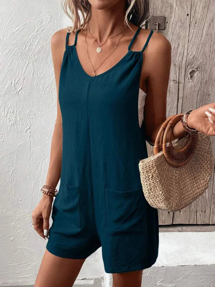 Women's casual summer short romper overalls with sleeveless design, double sling straps, loose fit, and front pockets by The Clothing Company Sydney