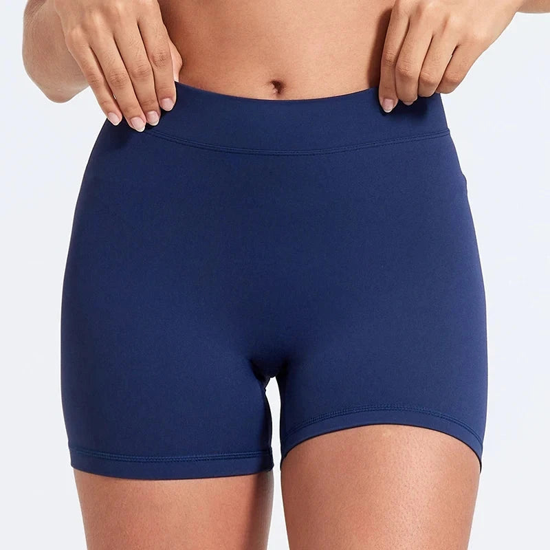 High waisted V-back yoga shorts by The Clothing Company Sydney, form-fitting nylon sports shorts for training and fitness activities.