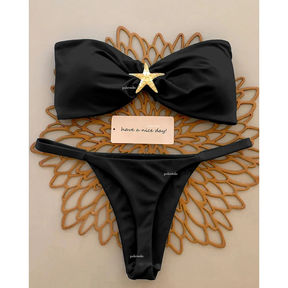 Two-piece push-up bikini swimsuit by The Clothing Company Sydney, featuring a bandeau top and micro Brazilian bottoms for beachwear.