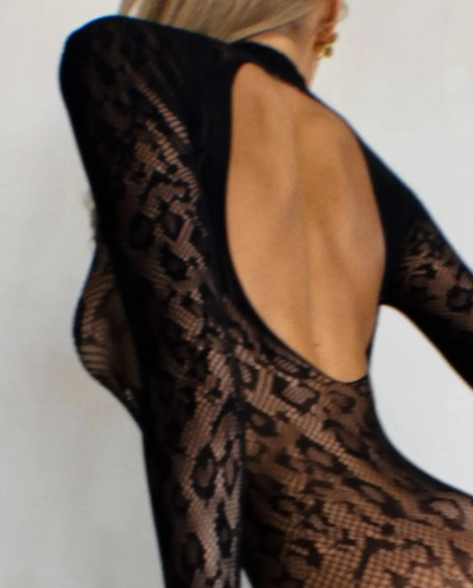 Backless sheer long sleeve jumpsuit by The Clothing Company Sydney, featuring a sexy one-piece cosplay lingerie set for adults.