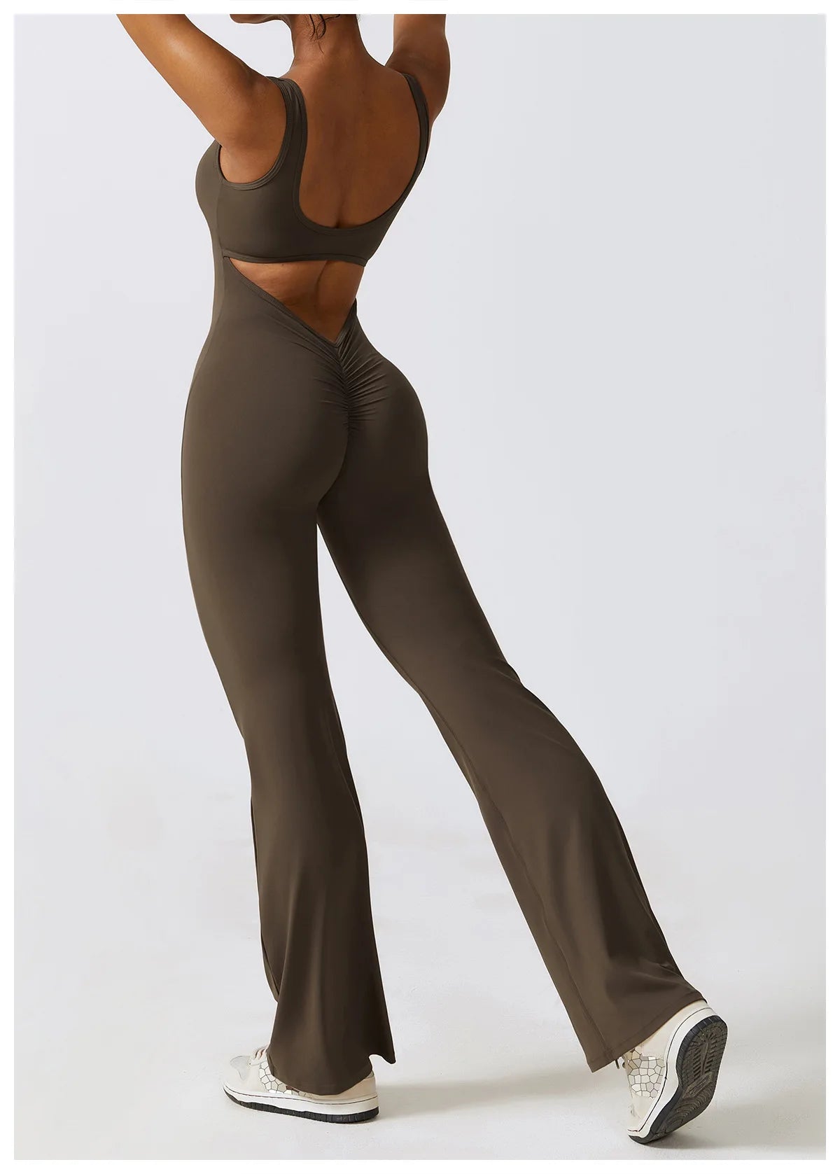 Open back v-neck women's fitness jumpsuit by The Clothing Company Sydney, stretch yoga and workout bodysuit for training and sports.