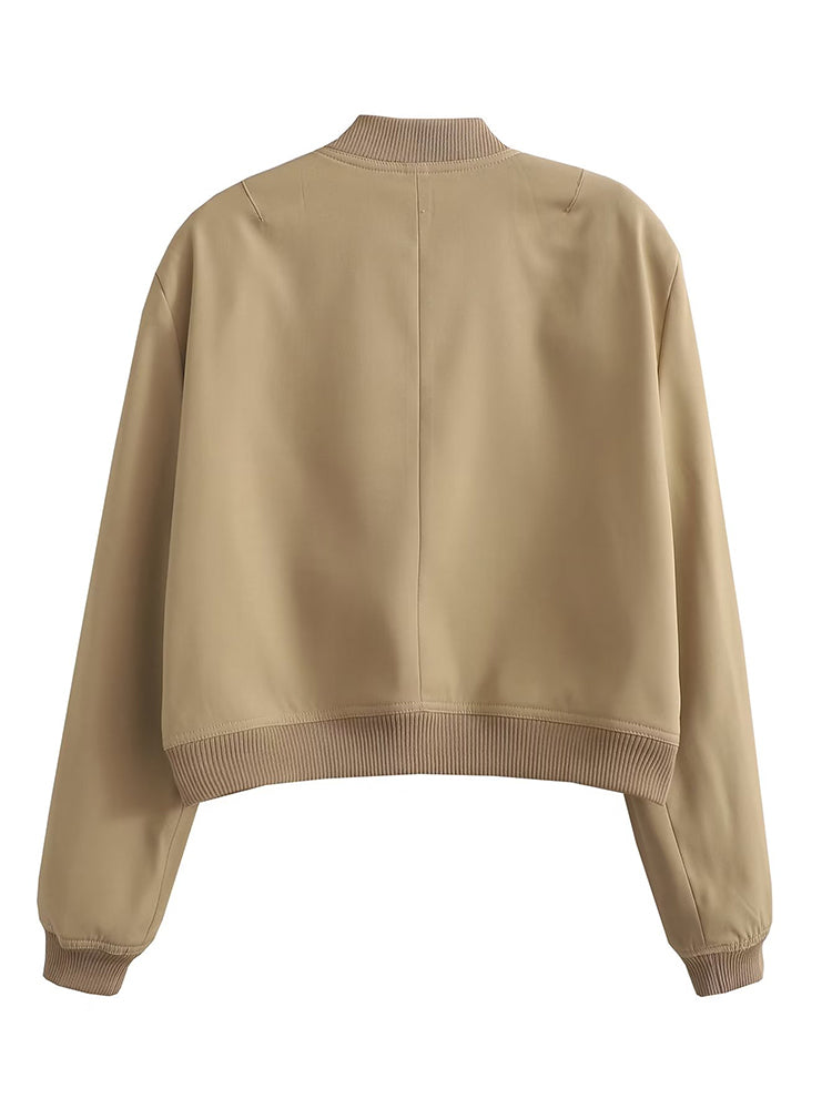 Women's bomber jacket by The Clothing Company Sydney, featuring a stylish black design with a zip-up front and ribbed cuffs.