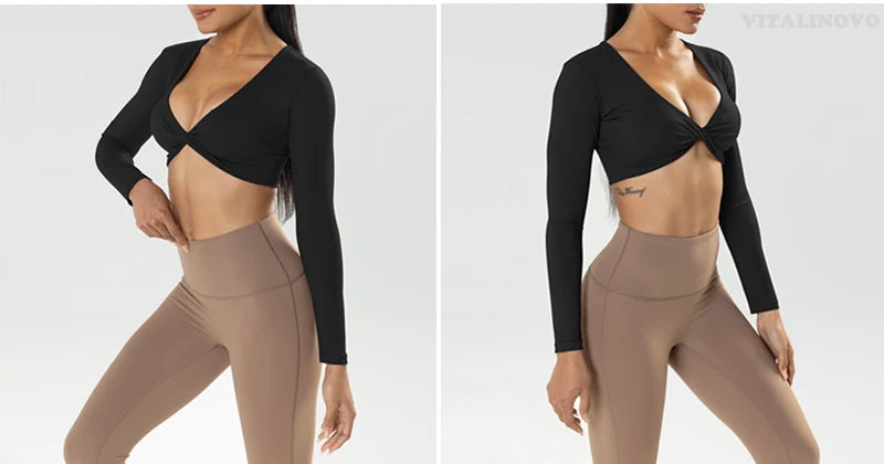 Long sleeve gym crop top by The Clothing Company Sydney with twist detail, deep V neckline, padded, quick-dry fabric for fitness and yoga.