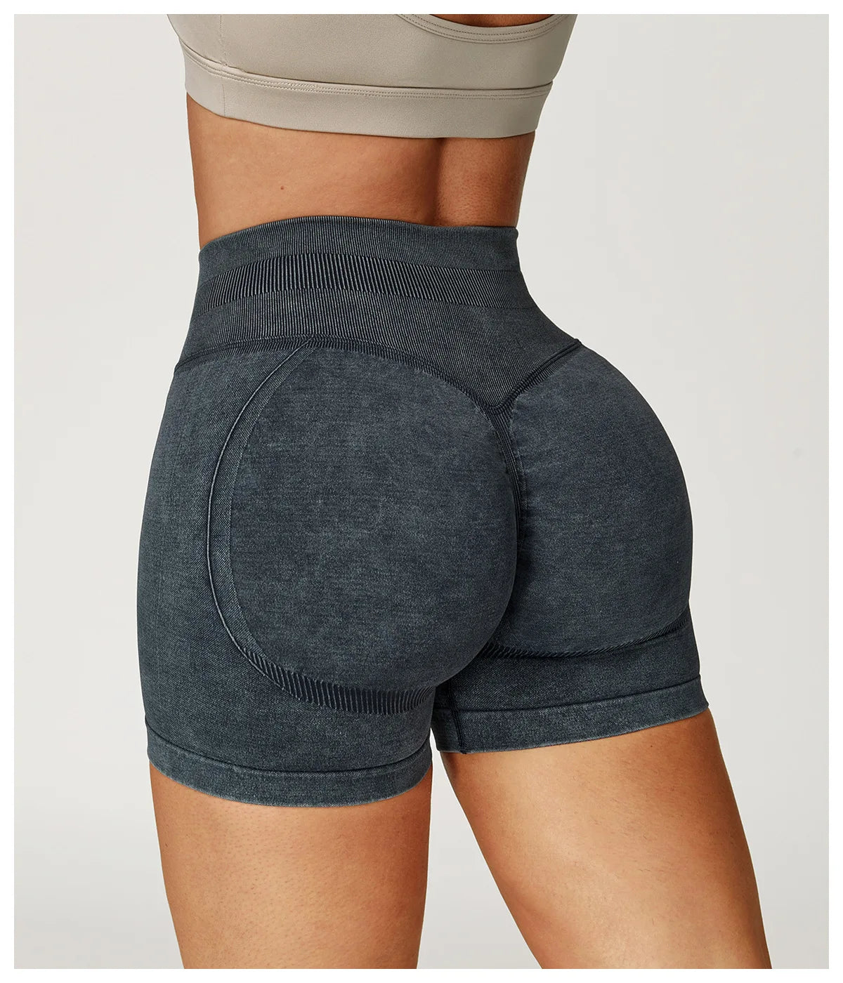 Sand-washed high waist yoga and bike shorts for women by The Clothing Company Sydney, featuring a comfortable fit for fitness and running.