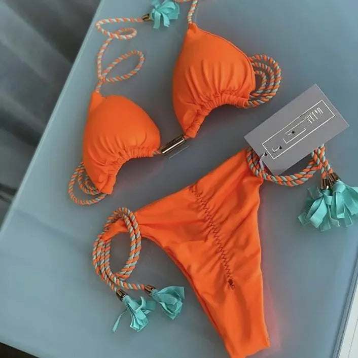 Women's backless rope triangle bikini swimsuit by The Clothing Company Sydney, featuring a stylish swimwear design with minimal coverage.