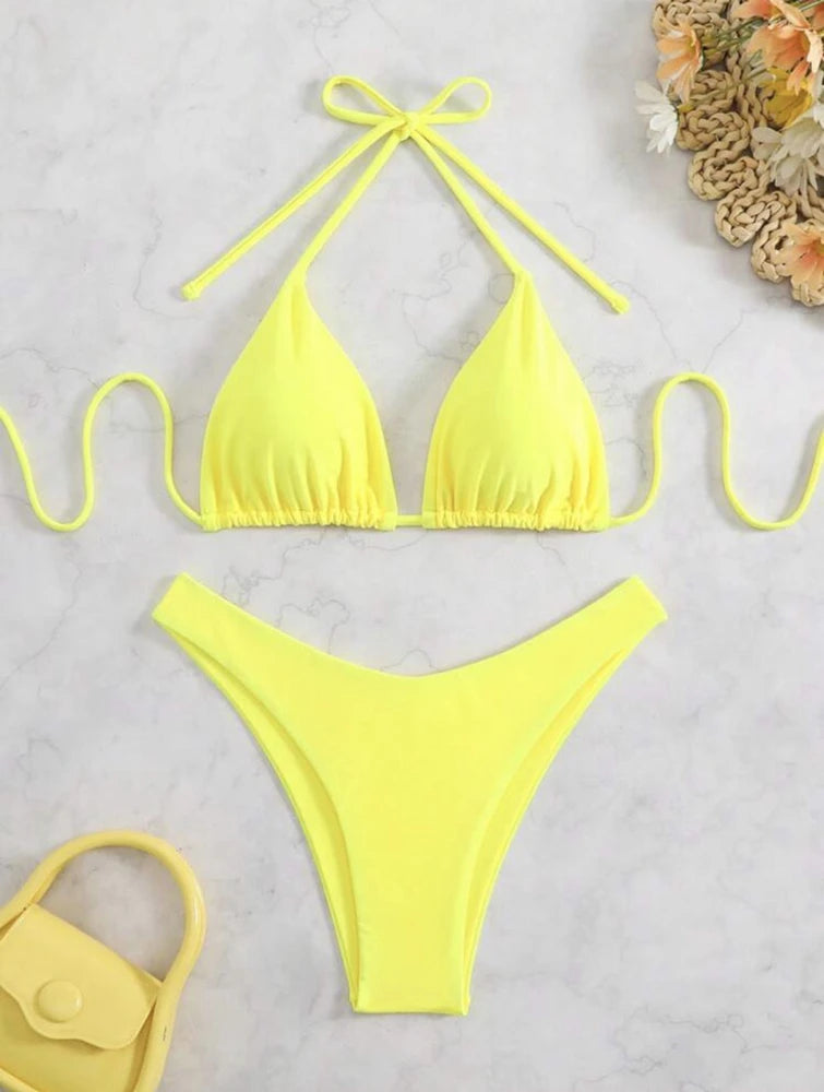 2 Piece Thong Bikini Solid White/Black/Coffee Halter Swimsuit Lace Up Brazilian Bathing Suit Double Fabric Beachwear The Clothing Company Sydney