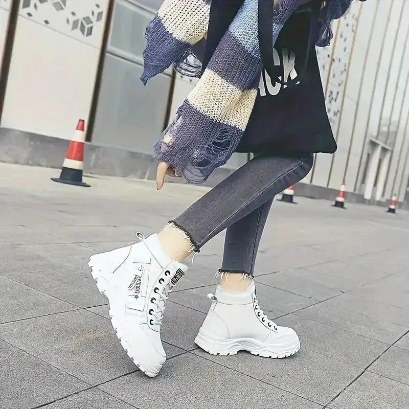 Women’s winter high-top snow boots by The Clothing Company Sydney, warm lace-up wedge sneakers with flannel lining and rugged sole.