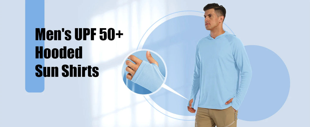 Men's UPF 50+ hooded T-shirt by The Clothing Company Sydney, quick-dry long sleeve sun protection top for outdoor sports and running.
