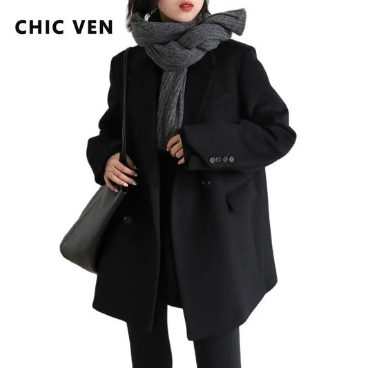 Women's Wool Blend Coat Solid Mid Long Woollen Blazer Thick Warm Blouse Overcoat Office Autumn Winter Jacket - The Clothing Company Sydney