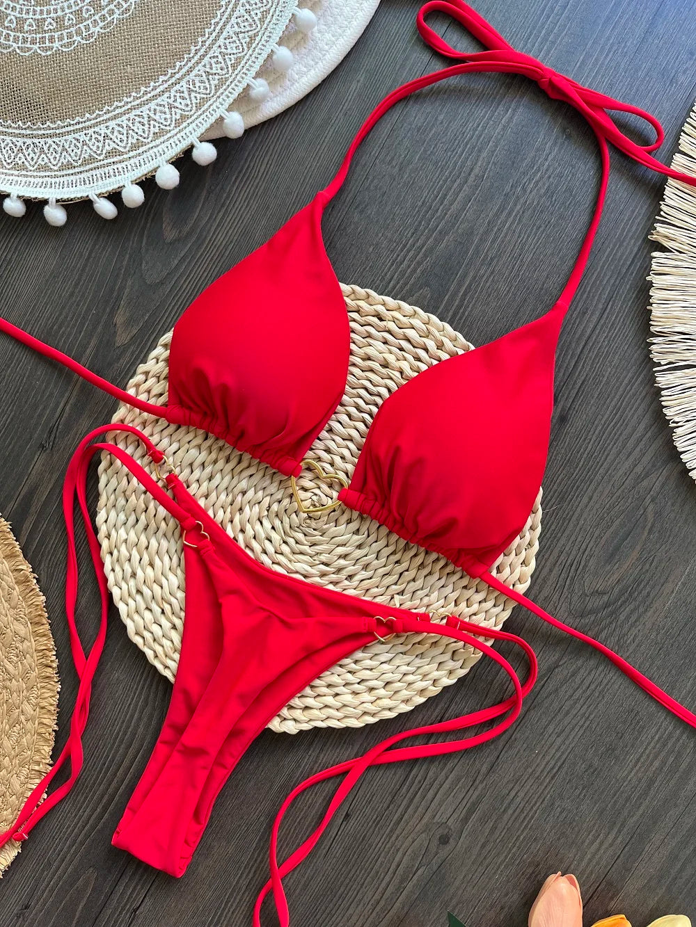 Solid color halter bikini set for women, two-piece swimsuit with triangle top and thong bottoms, from The Clothing Company Sydney.