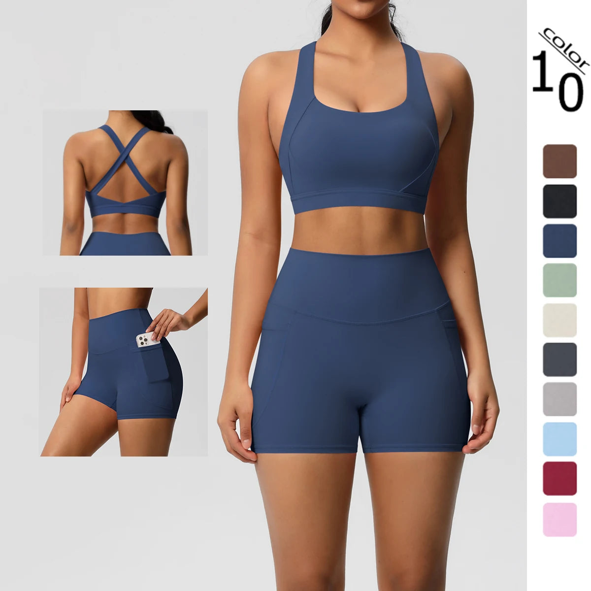 Two-piece women's fitness yoga set with crossover bra, pocketed gym shorts, and leggings in black from The Clothing Company Sydney.