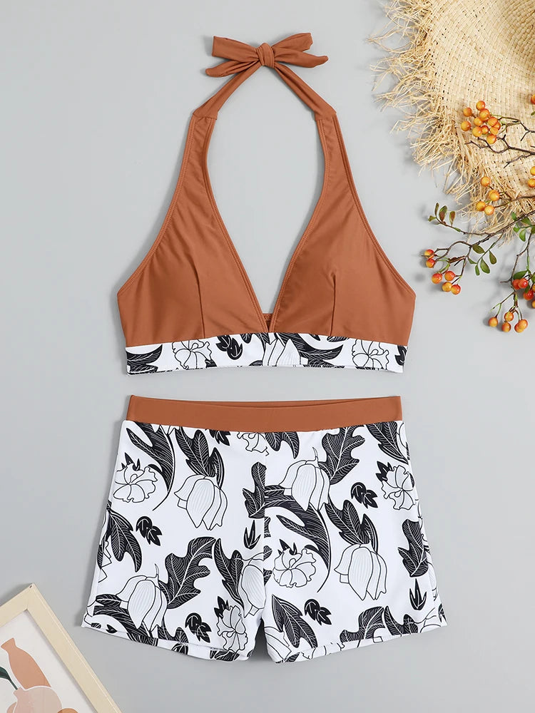 2 Piece Halter Bikini Set Shorts Swimsuit High Waist Swimwear Female Printed Bathers Swimming Bathing Swim Suit Beachwear - The Clothing Company Sydney