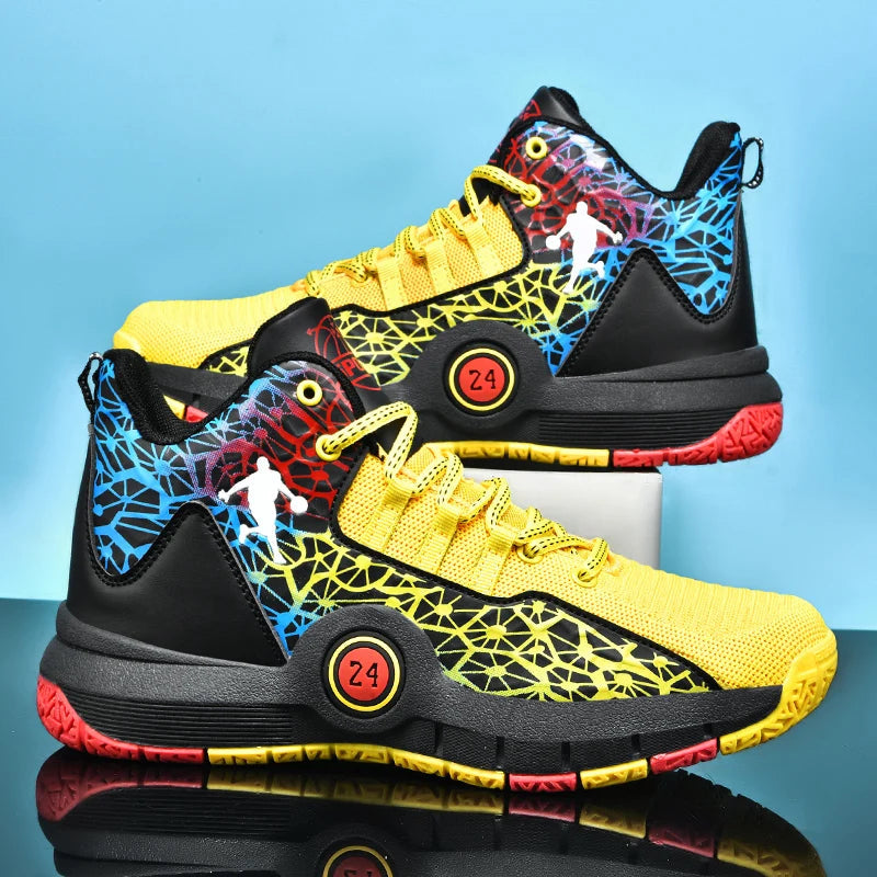 High-top basketball shoes by The Clothing Company Sydney featuring non-slip soles and breathable mesh for athletic performance