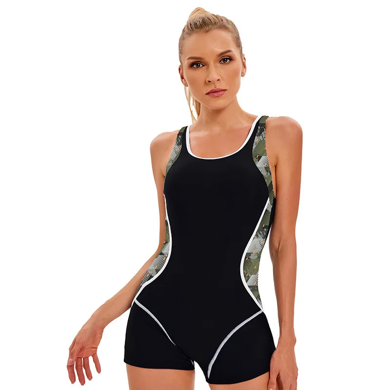 Women's racerback athletic boyshort one-piece swimsuit by The Clothing Company Sydney