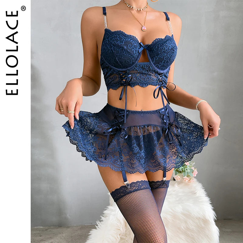 Elegant women's lingerie set featuring lace G-string skirt ensemble with Brazilian-style underwear from The Clothing Company Sydney.