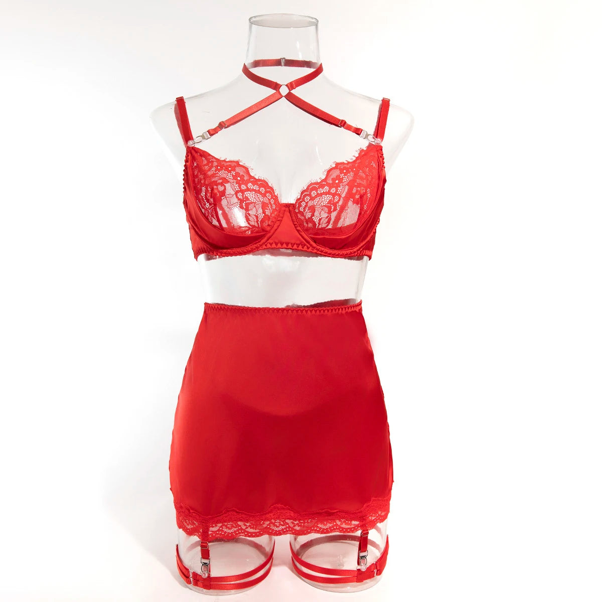 Lace lingerie set featuring halter bra, heart g-string, and garter belt from The Clothing Company Sydney, styled on a model.