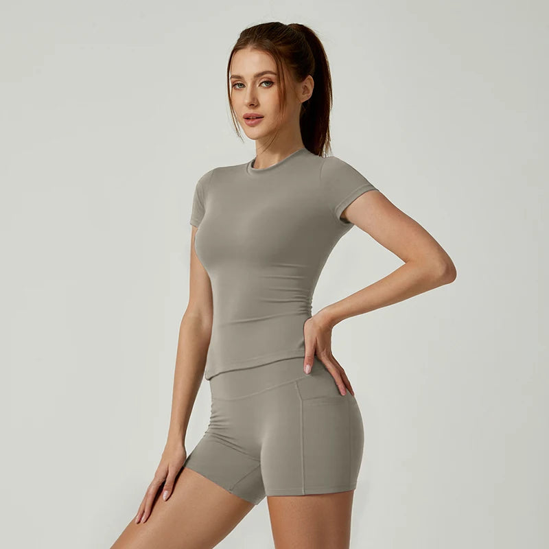2 Piece Women's Sports Yoga Set Seamless Knitted Fitness Gym Clothes Sportswear Short Sleeve Crop Top Tracksuits Gym Bike Shorts - The Clothing Company Sydney