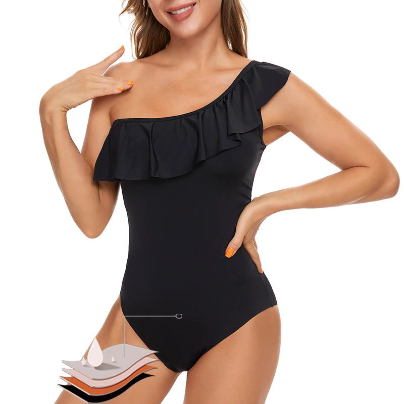 Women's menstrual absorbent swimsuit by The Clothing Company Sydney, washable bikini designed for period protection, with a sleek blue fabric.