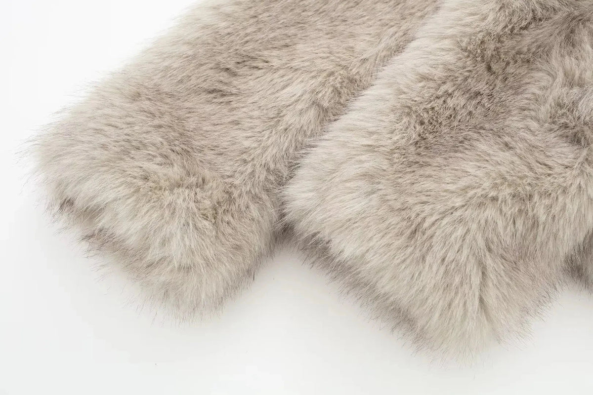 Women's cropped faux fur jacket from The Clothing Company Sydney featuring long sleeves, snap buttons, lapel collar, and thick outerwear.