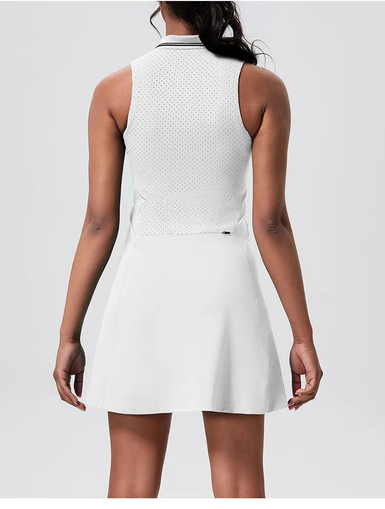 Athletic sleeveless golf tennis dress with V-neck and phone pocket, casual mini workout dress by The Clothing Company Sydney