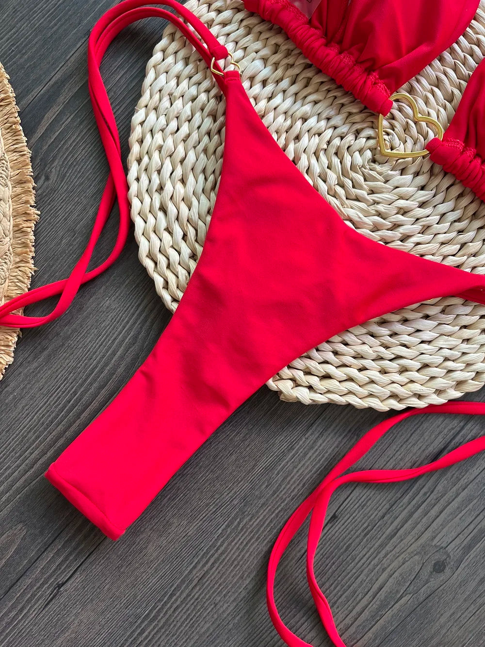 Solid color halter bikini set for women, two-piece swimsuit with triangle top and thong bottoms, from The Clothing Company Sydney.