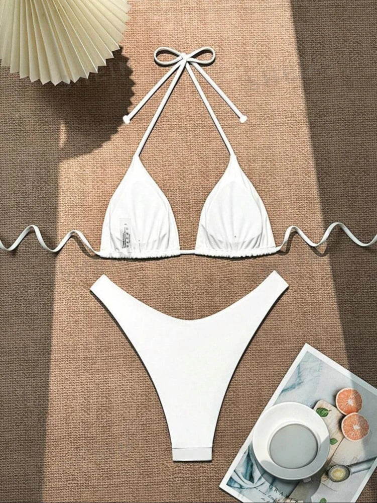 2 Piece Thong Bikini Solid White/Black/Coffee Halter Swimsuit Lace Up Brazilian Bathing Suit Double Fabric Beachwear The Clothing Company Sydney