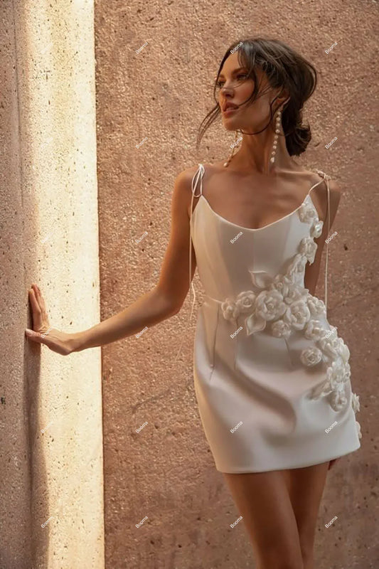 Simple Elegant Short Wedding Dresses 3D Flowers Spaghetti Straps Mermaid Brides Party Dresses Cocktail Gowns - The Clothing Company Sydney