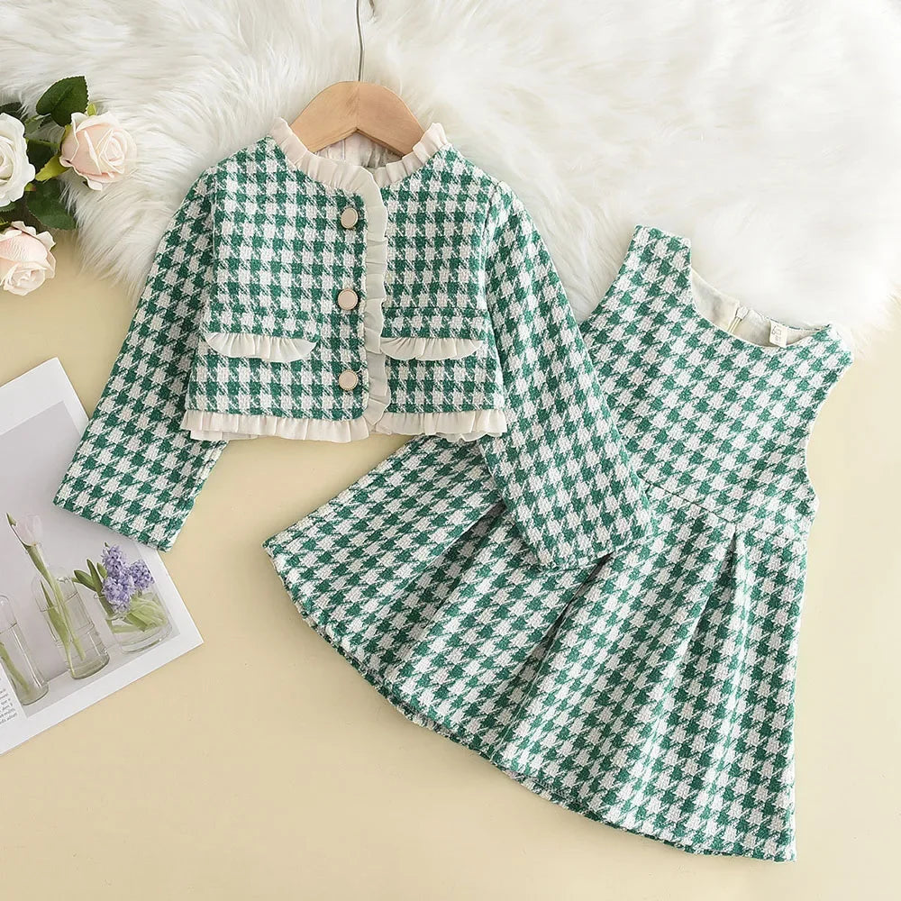 Kids girls plaid vest dress set with retro coat, suitable for spring and autumn, stylish baby party outfits by The Clothing Company Sydney