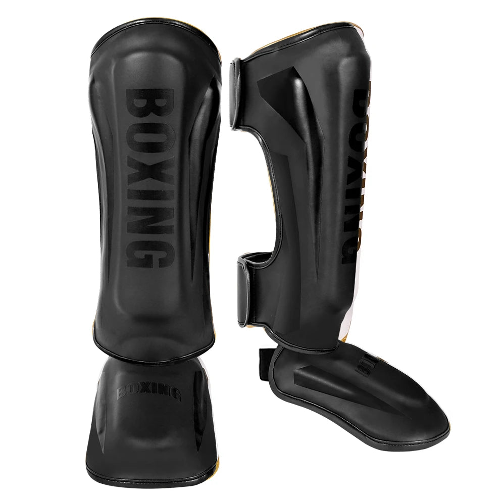 Muay Thai shin guards with foot and back protection for boxing, fighting, and taekwondo training