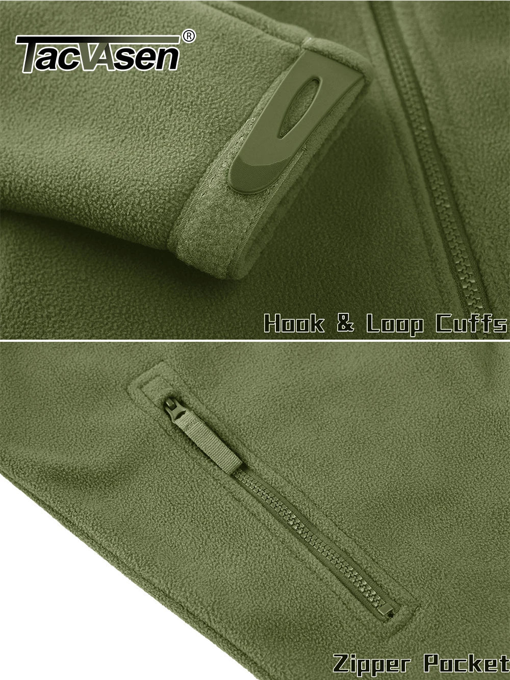 Men's green tactical fleece jacket with full zip, thermal lining, multiple pockets, windbreaker style, ideal for outdoor work and hiking.