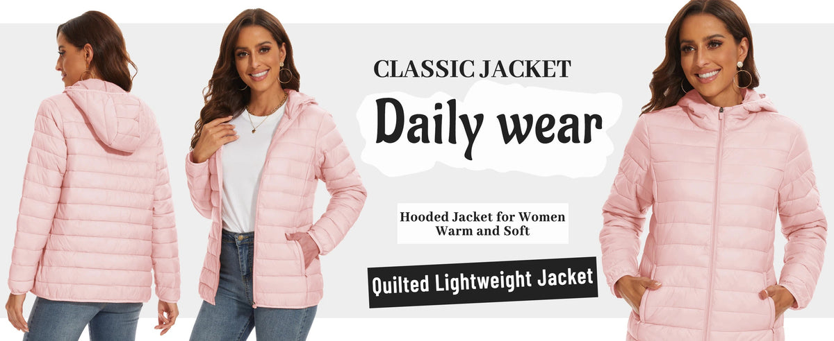 Women's waterproof puffer hooded jacket by The Clothing Company Sydney with multi-pockets, quilted design, and lightweight winter insulation.