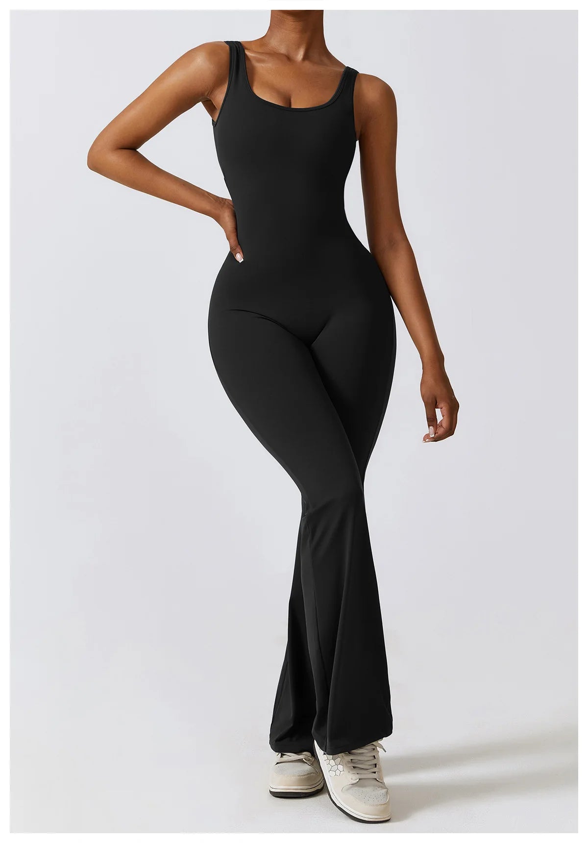 Open back V jumpsuit gym set for women by The Clothing Company Sydney, featuring stretch fabric, suitable for yoga, training, and workouts.