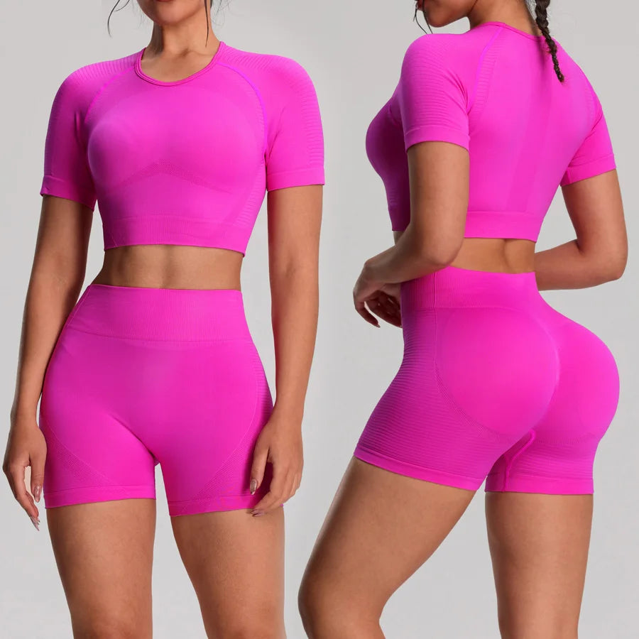 Women's fitness yoga sport T-shirt and shorts set by The Clothing Company Sydney, seamless workout vest and bike shorts for activewear.