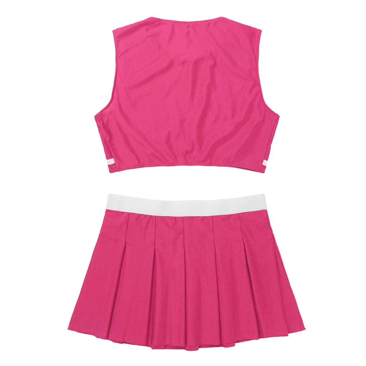 Women's cheerleader cosplay costume with stand collar crop top and mini pleated skirt, by The Clothing Company Sydney.