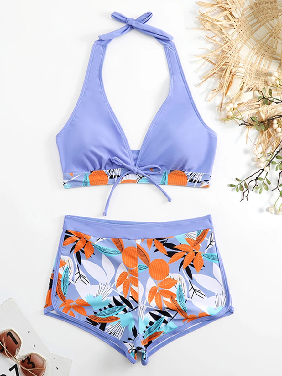 2 Piece Halter Bikini Set Shorts Swimsuit High Waist Swimwear Female Printed Bathers Swimming Bathing Swim Suit Beachwear - The Clothing Company Sydney