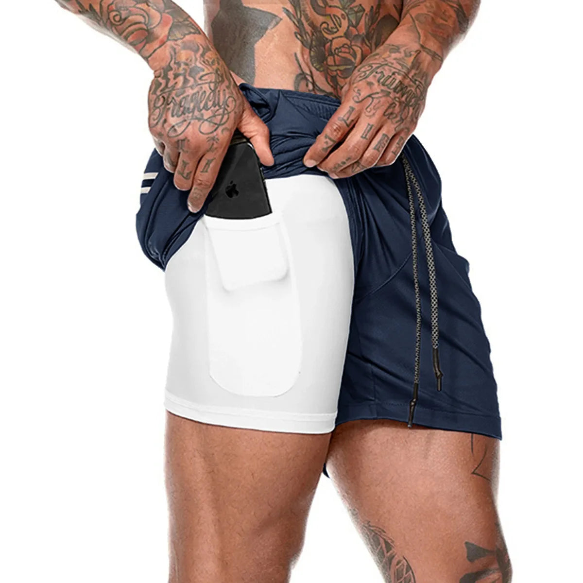 Men’s 2-in-1 running shorts from The Clothing Company Sydney, featuring double-layer gym and beach sportswear design.