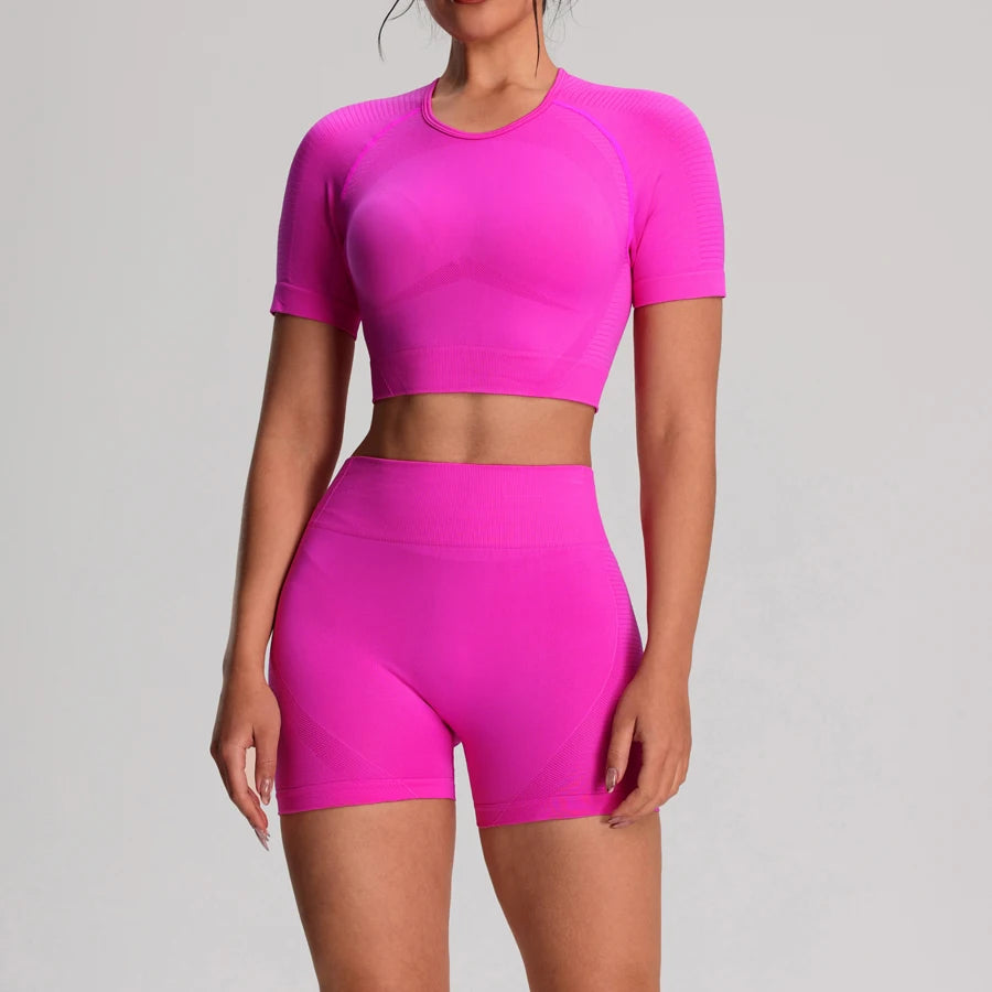 Women's fitness yoga sport T-shirt and shorts set by The Clothing Company Sydney, seamless workout vest and bike shorts for activewear.
