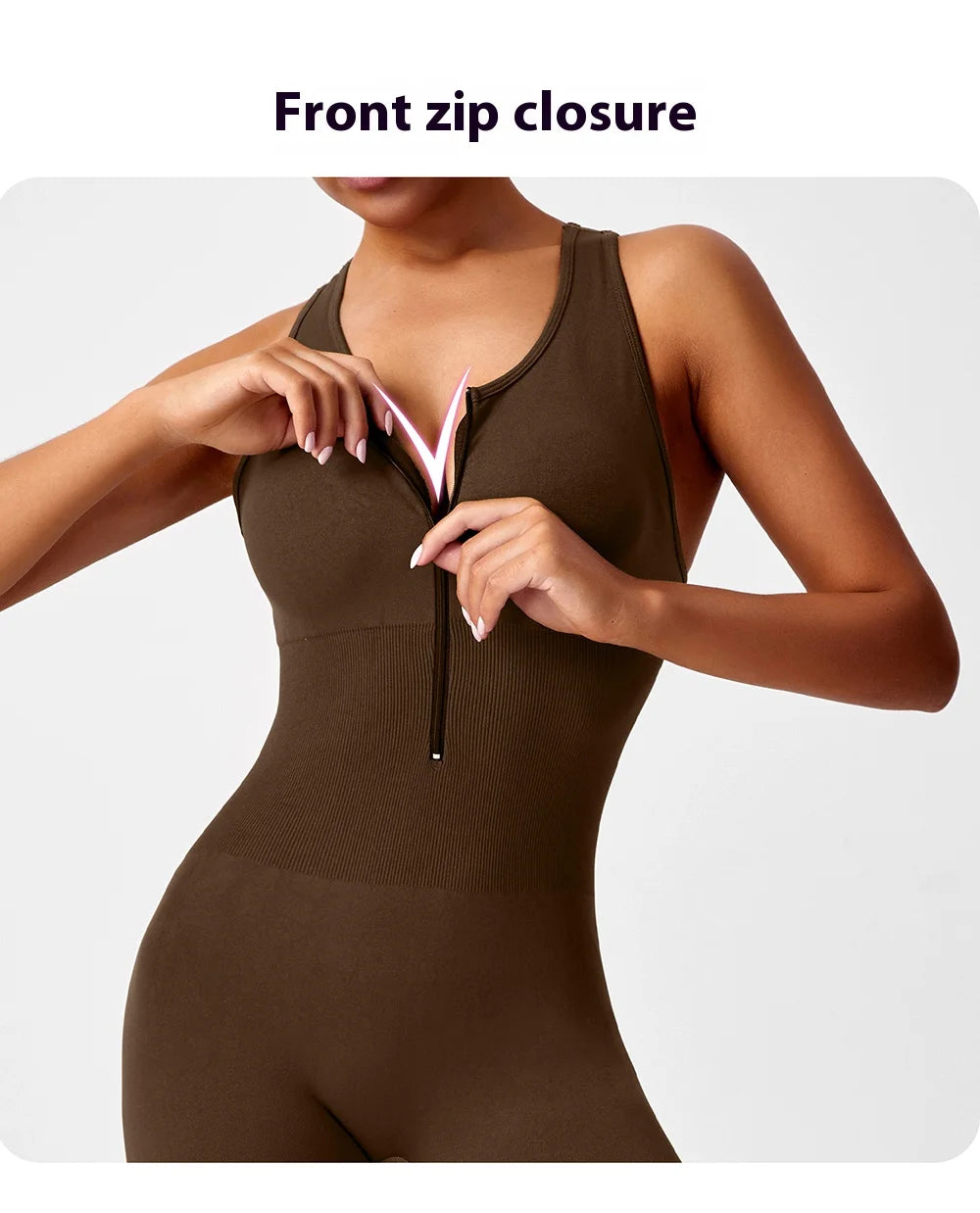 Seamless peach-colored one-piece yoga bodysuit with v-back design, fitness activewear for women, by The Clothing Company Sydney.