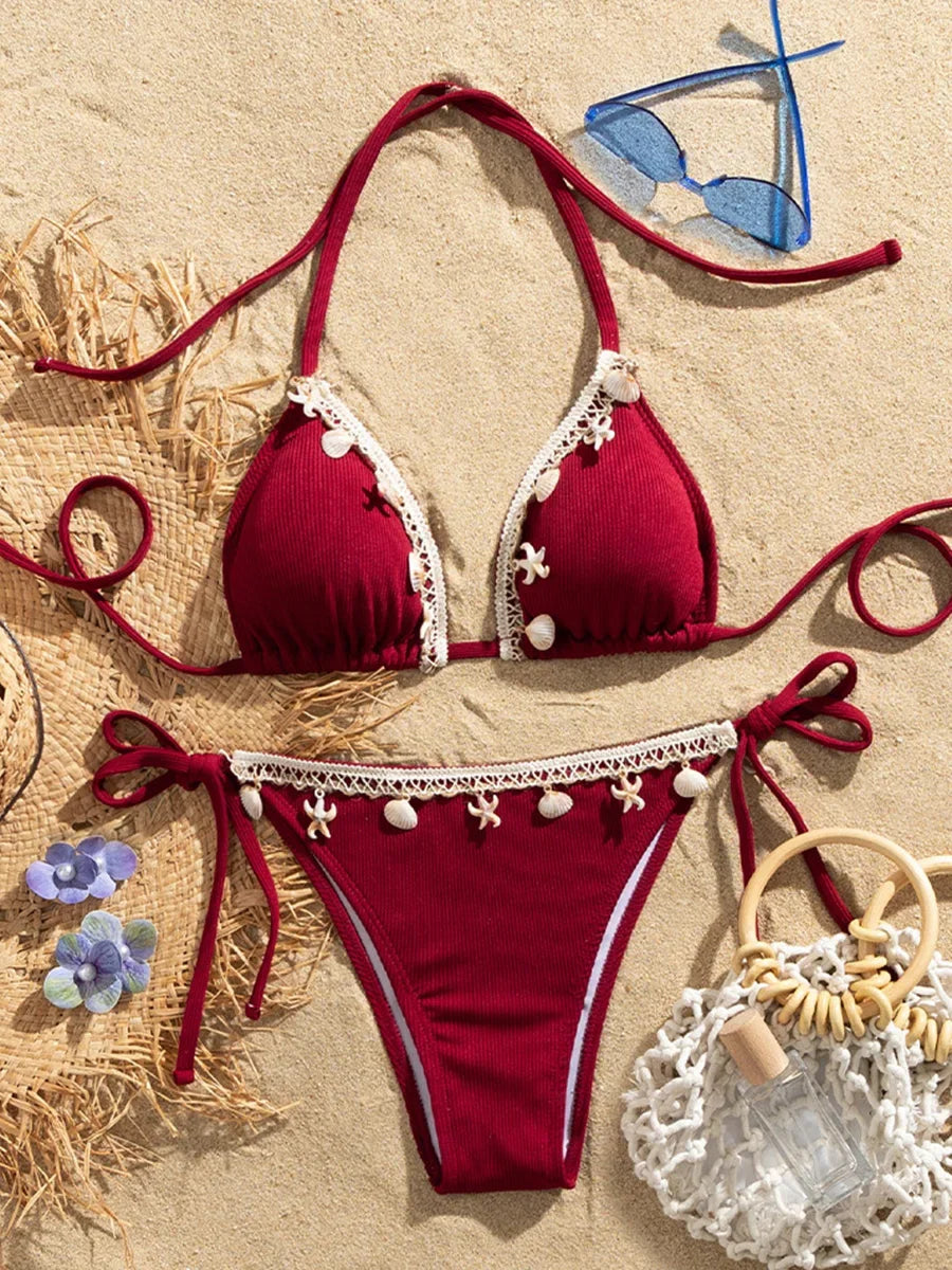 Ribbed shell decoration two-piece bikini set for women with halter straps, from The Clothing Company Sydney, suitable for swimming.