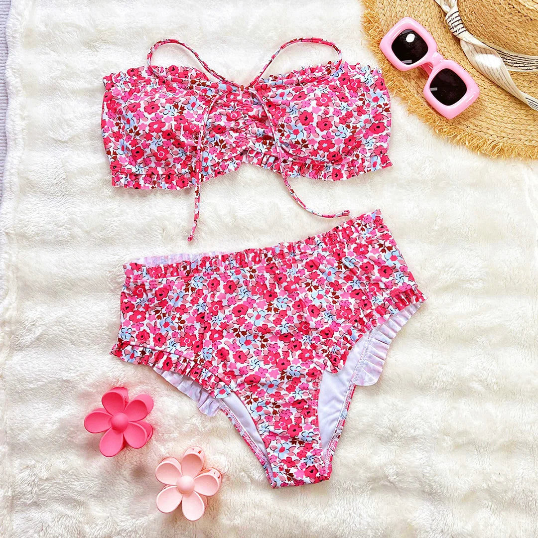 Floral print bandeau high waist bikini swimsuit for women, two-piece swimwear by The Clothing Company Sydney, displayed on a model.
