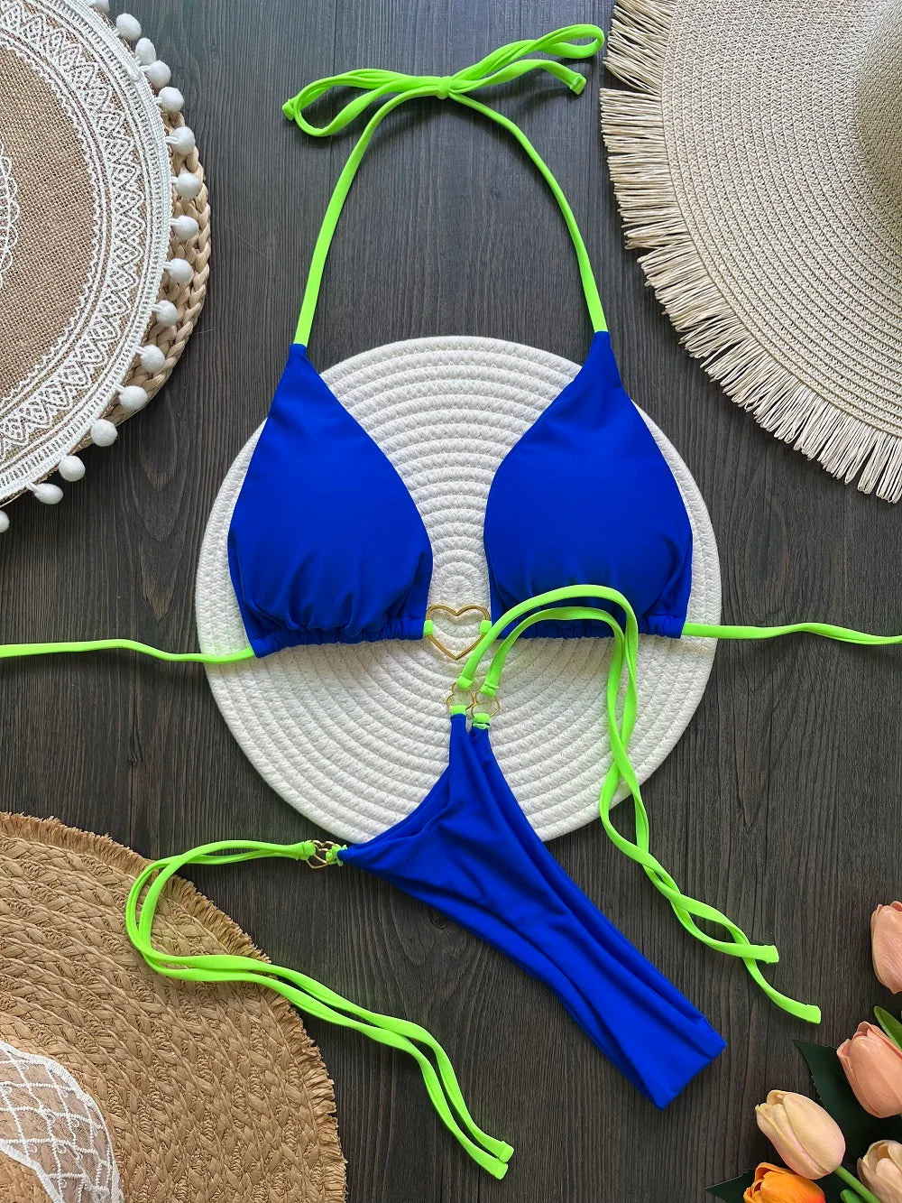 Solid color halter bikini set for women, two-piece triangle and thong swimwear by The Clothing Company Sydney.
