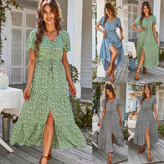 Vintage Floral Dresses for Women Elegant Loose Slit Summer Beach Holiday Leisure Long High Waist Print Dress - The Clothing Company Sydney