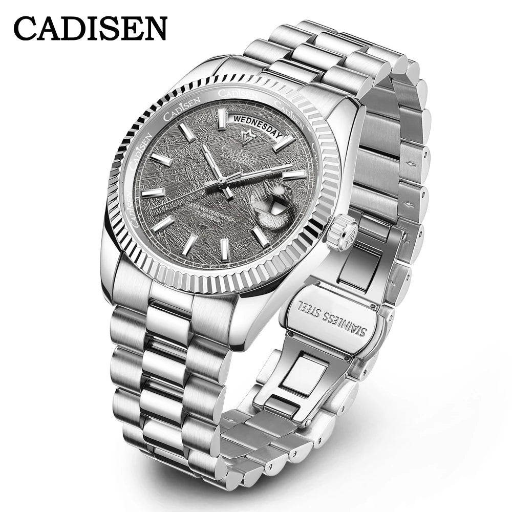 Cadisen DD40 men's luxury automatic wristwatch with sapphire glass, Miyota 8285 movement, black dial, and stainless steel band.