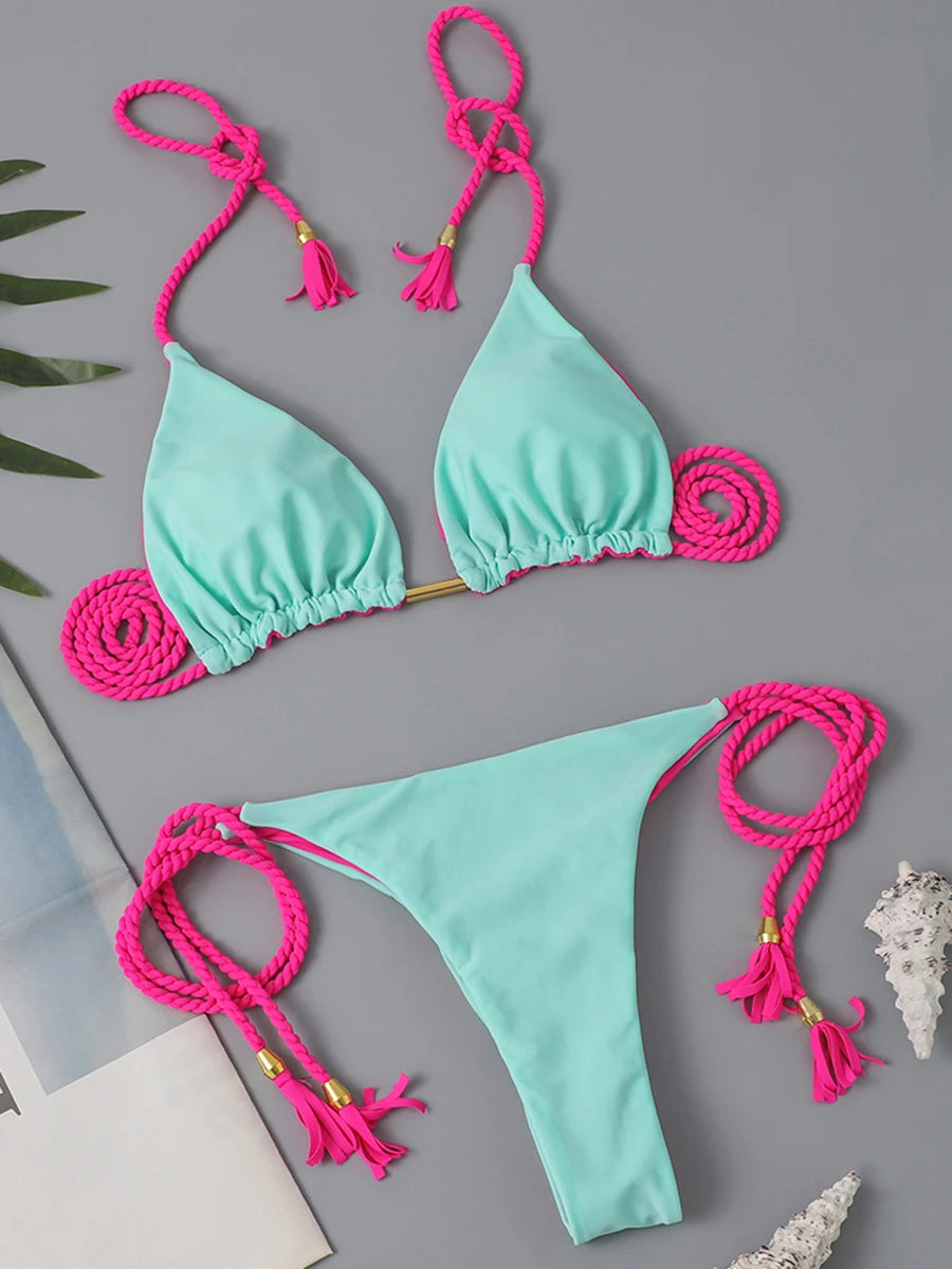 Solid triangle string bikini swimsuit by The Clothing Company Sydney, featuring a two-piece thong swimwear design for summer beachwear.