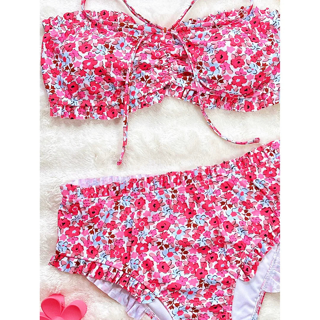 Floral print bandeau high waist bikini swimsuit for women, two-piece swimwear from The Clothing Company Sydney, with a vibrant design.