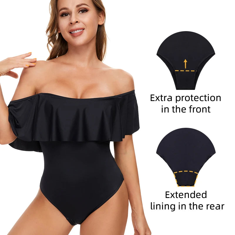 Men's menstrual swimsuit by The Clothing Company Sydney, one-piece leak-proof period swimwear with absorbent fabric for women at the beach.