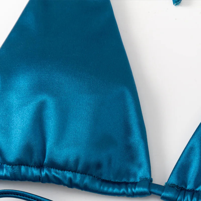 Brazilian metallic satin halter bikini set from The Clothing Company Sydney, high-cut swimwear for beachwear and poolside lounging.