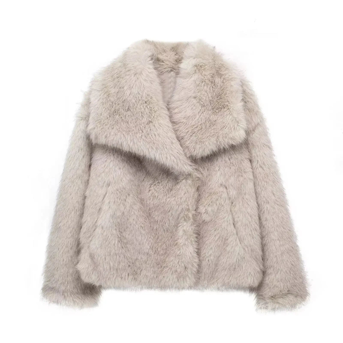 Women's faux fur cropped jacket by The Clothing Company Sydney with long sleeves, snap buttons, lapel collar, and thick outerwear style.